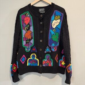 BEREK Hand-Knit Cardigan – Abstract Art Design – 100% Pima Cotton – Size L